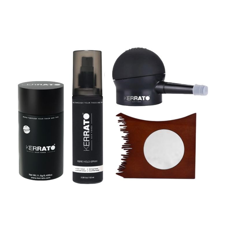 Kerrato Hair Fibres 28g (JET BLACK) with FibreHold Spray (100ml), Optimizer Comb, and Pump | Confidence Kit for Fuller, Natural-Looking Hair | Hair Fiber Combo Kit