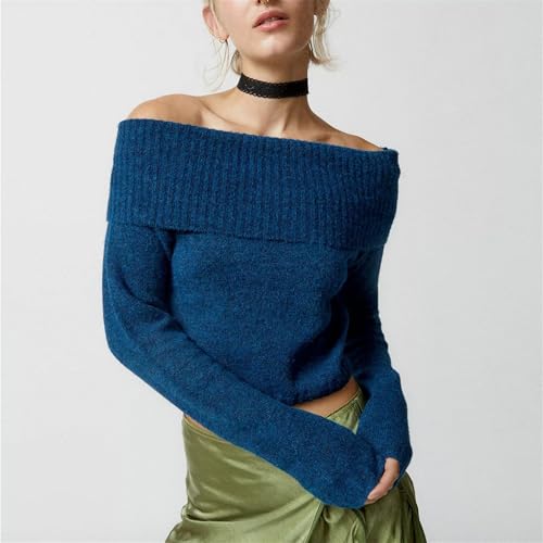 Image of Women Off The Shoulder Sweater Y2k Long Sleeve Boat Neck Knit Cropped Pullover Tops Fall Trendy Going Out Streetwear