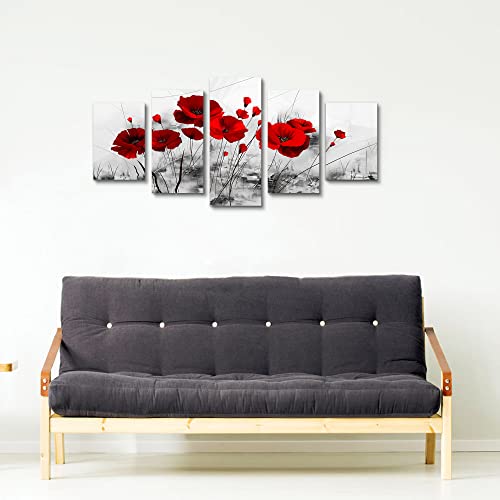 Banmu Abstract Red Poppy Canvas Printings Art - Modern Canvas Painting 5 Pieces Combined Flowers Posters Wall Pictures For Living Room (F-5Pcs,60"X30") #TOP5