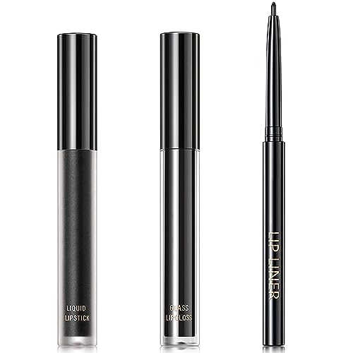 Duozeng 3 Pcs Lip Liner And Lipstick Set,Waterproof Black Matte Liquid Lipstick Lip Liner,Long Lasting Lip Gloss Halloween Gothic Makeup Set,Matte Lipstick Velvet Nude Lip Gloss Stain Lipgloss Makeup cover