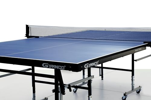 Image of GYMNCO Practice Table Tennis Table with 75 MM Wheel (Top 18 mm Laminated Compressed & Free TT Table Cover + 2 TT Racket & Balls), Blue Top Board and Black & Grey Base Top 18mm