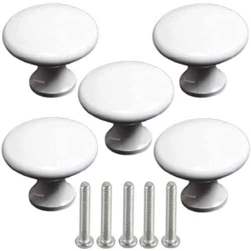 5 Métal Tiroir de Placard Poignées Poignée ronde blanche Poignée D'Armoire Ronde Métal Blanc Poignée boutons porte d'armoire acier inoxydable Pour Armoires Armoires Tiroirs Etc(5 Ensembles Avec Vis)
