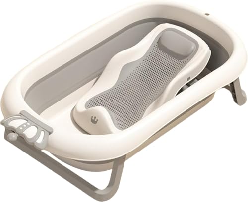 Suzapiw ベビーバスタブ 幼児向け 座ったり横になったりできる 折りたたみ式 大きいサイズ 家庭用 新生児用バスタブ 滑り止め バスネットセット付き 収納便利 浴槽 洗面台 新生児 0-6歳 収納便利 (グレー マット+ラック) (グレーのバスタブ+