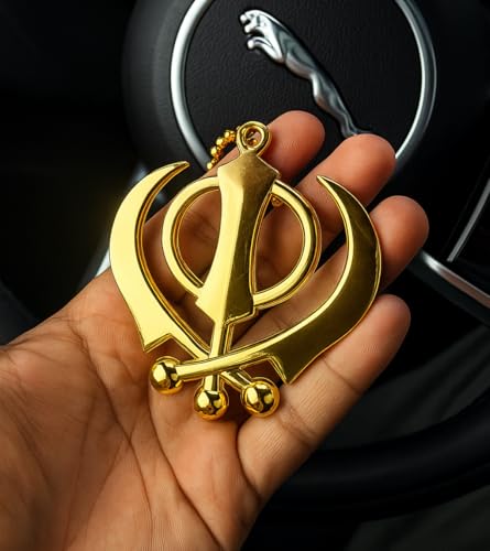 Image of Steel Finish Golden and Silver Khanda Car Hanging Accessory with Beads Chain Punjabi Sikh Car Decor Accessory Sikh Decor for Car 3.2 Inch Wide