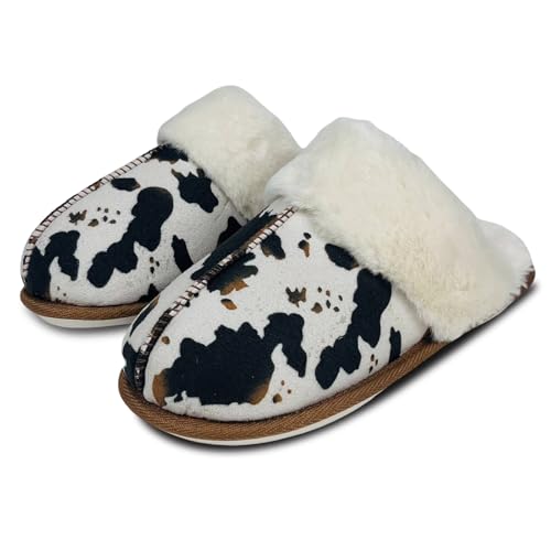 Crazy Bison Cozy House Slippers For Women, Cow Print Plush Slipper, Western Style Winter Fur Lined Slippers (Cow Print, Adult, Women, 8, Numeric Range, US Footwear Size System, 9, Medium)