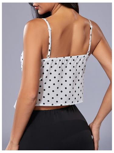 OYOANGLE Women's Polka Dots Contrast Lace V Neck Sleeveless Cami Tops Ruffle Trim Tie Front Crop Camisoles3