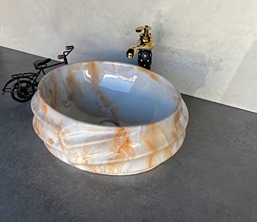 Image of Designer Glossy Finish Ceramic Art Table Top Wash Basin For Bathroom | Collapsible Countertop Washbasin (Black White Glossy Art, 16 x 13 x 6 Inch)