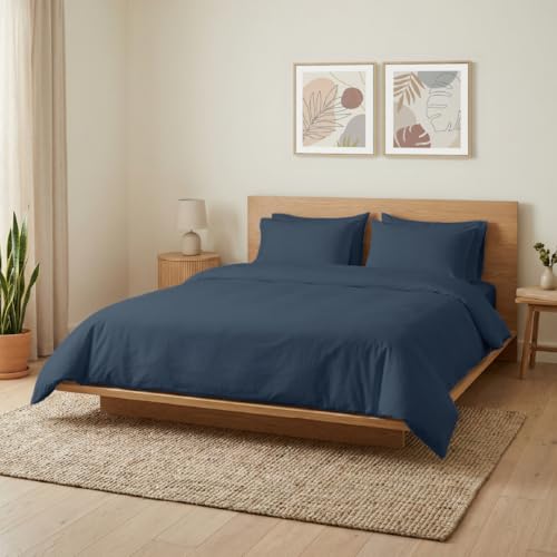 Image of Blue Dahlia 100% Cotton, King Size /Double, Elastic Fitted Bedsheet (72 inchx78 inch) + 2 Pillow Covers, Percale Weave, Fits Upto 10 inch Mattress, 200TC Solid Premium Bedsheet, Colour: Navy Blue