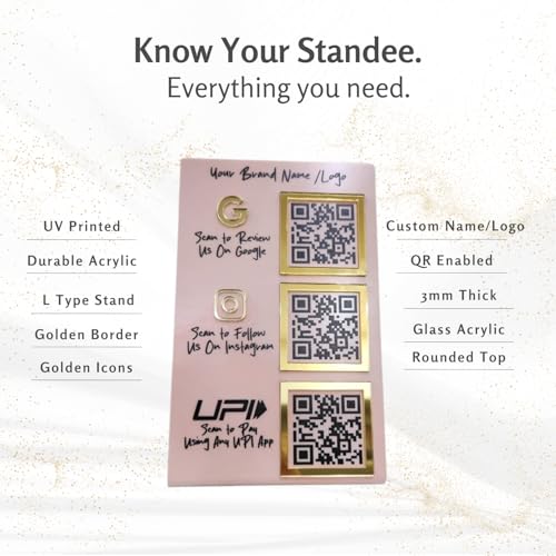 Image of Custom Combo 3-in-1 Standee | QR Enabled | Connect Review, Instagram, UPI QR | 5x8 Inch Golden Premium With 3 QR