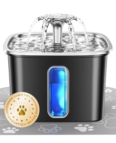 Image of Veken Innovation Award Winner Stainless Steel Cat Water Fountain, 108oz /3.2L Automatic Pet Fountain Dog Water Dispenser with Replacement Filters & Silicone Mat for Cats, Dogs (Space Black)