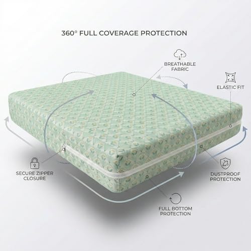 Image of VAS COLLECTIONS Premium Cotton Printed Mattress Protector with Zipper | 360 All-Around Encasing Bed Cover for Complete Protection | Single Mattress Cover 72x36+6 Inches (6 x 3 Feet) (Sage Green)