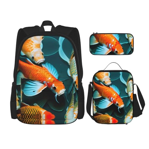 Hd Koi Fish Print 3 Piece Set Backpack, Lunch Bag, Pencil Case, Cute Sturdy For College And Travel