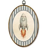 Rocket Ship Wall Art, Rustic Space Nursery Oval Framed Canvas, 8.5x11.5