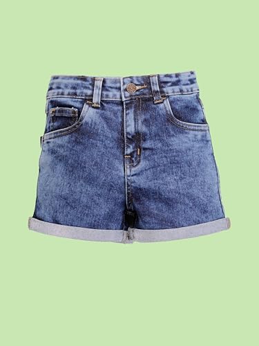 Image of KiddoPanti Girls Tight Length Rollup Denim Shorts with Lavender and Pink 3D Crochet Flowers