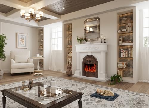 Image of Electric Fireplace with Mantel, Solid Wood White TV Stand with Fireplace for Living Room,Brown Birdcage 51 inch Fire Place Heater with Roman Column Design for Bedroom, Entryway Decor