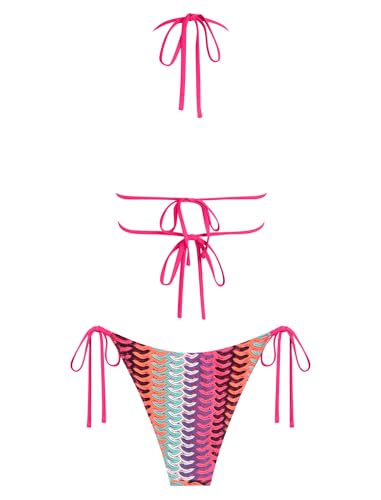 Image of ZAFUL Halter Swimsuits for Women Textured Backless 2 Piece Bathing Suits Cheeky High Cut String Tie Side Bikini Sets