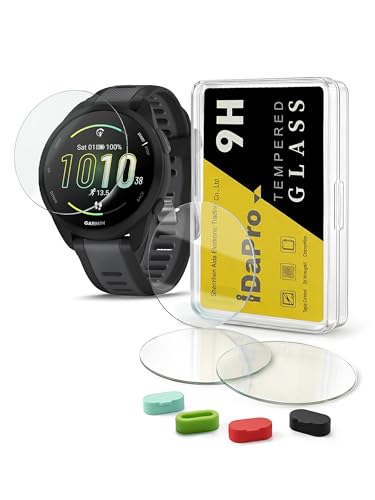 iDaPro [4Pcs para Protector de pantalla Garmin Forerunner 165 / Forerunner 165 Music +[4Pcs] tapones antipolvo de silicona,vidrio templado,Dureza 9H,Antiarañazos,Antiburbujas,Antihuellas,ultrafina