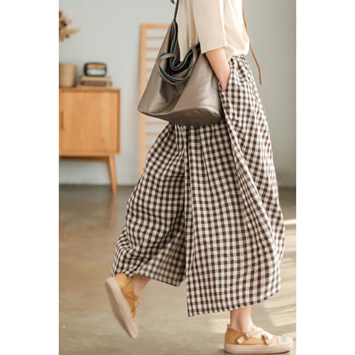 Womens Plaid Print Linen Pants Casual High Waisted Smocked Elastic Wide Leg Baggy Cropped Pants with Pockets2