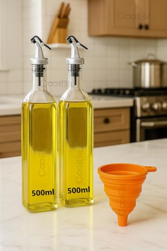 Image of COOLBIT 500 ml Glass Oil Dispenser Bottle For Kitchen with Silicon Funnel, Leak-Proof Cork, Oil Bottle (2 pcs Oil Bottle + 1 psc Silicon Funnel)