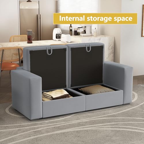 Image of QHITTY Loveseat Modular Sofa, 2 Seater Accent Couch with Hidden Extra Large Storage Space for Living Room, Grey