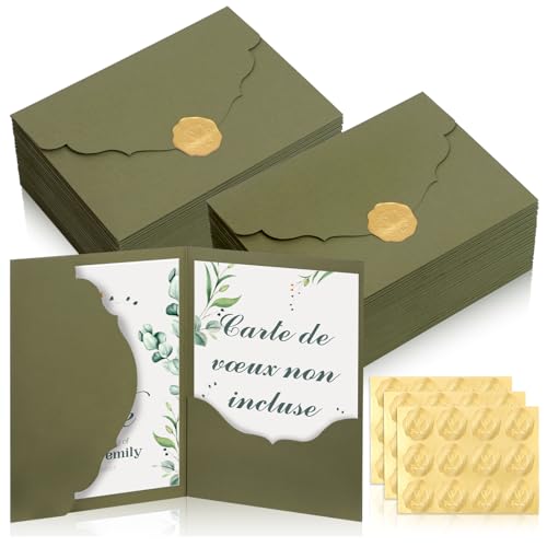 jiawaggag 50 Pcs Enveloppe Faire Part Mariage 60 Pcs Autocollants De Sceaux Pochette d'Invitation De Mariage A7 Vert Sauge 13 x 18cm Carte d'Invitation De...