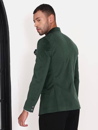 Image of MANQ Men Slim Fit Bandhgala Velvet Blazer - Mandarin Collar, Button Closure, Long Sleeves, Solid Ethnic Winter Wear with Three Pockets for Adults