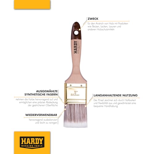 Hardy Working Tools 6 Stk. Flachpinsel-Set 50 mm Serie 45, Synthetik Lasurpinsel, Flachpinsel mit Naturholzgriff, Lackierpinsel mit Stahlzwinge