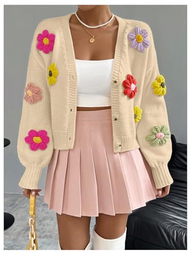 Image of SHENHE Women's Button Down Flower Cardigan V Neck Open Front Knit Crop Cardigan Sweater