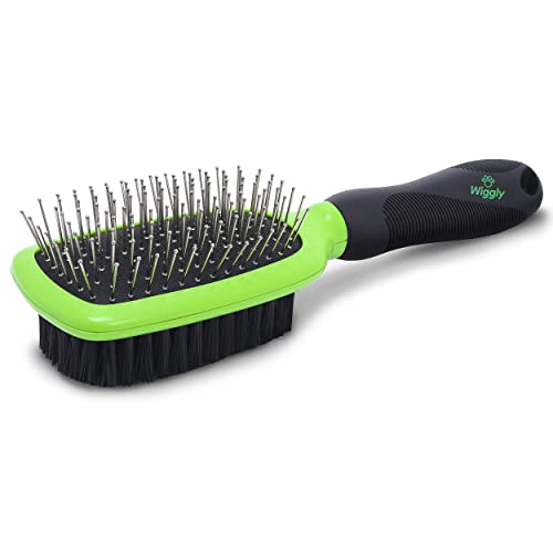 Wiggly Dog and Cat Brush Double Sided - 8.85 in x 2.64 2 in, Ergonomic Handle Bristle for Dogs, Stainless Steel Pins, Side Shedding , Includes Safety Tips Grooming