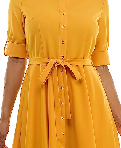 Image of Sharagano Women's Pleated Shirt Dress - 3 /4 Sleeve, V-Neck, Gold Buttons