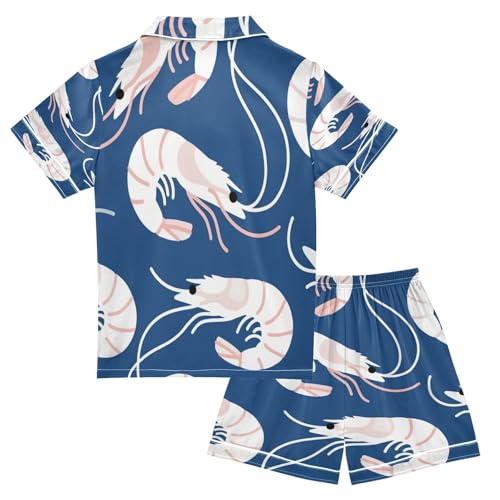 Satin Pajama Sets Short Sleeve Lobster Pattern on Blue Background_1 Button Down Silky Nightwear 2 Piece PJS 5-14Y2