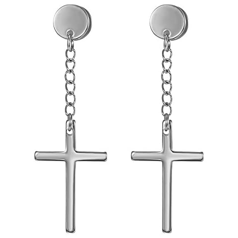 JewelryWe Pendientes largos de acero inoxidable con forma de cruz Cover