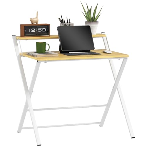 HOMCOM Escritorio Plegable Mesa de Escritorio Plegable con Estante Abierto Escritorio Pequeño para Estudio Hogar Oficina 86x66x82 cm Natural
