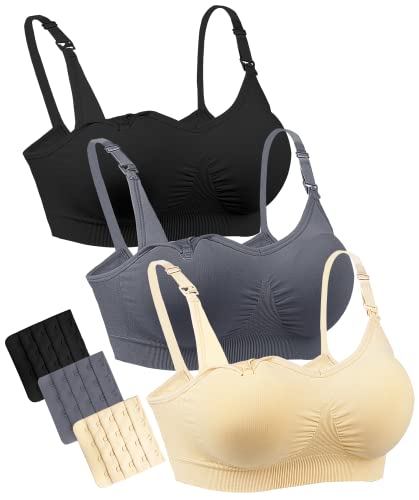 Image of Civikbra 3Pack Nursing Bra for Breatfeeding Seamless Full Bust Maternity Bras for Pregancy Black Beige Gray XL