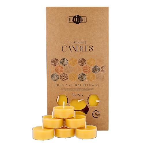 Velas de Cera de Abeja Natural 100% - Velas de Té con Mecha de Algodón – 4 Horas de Duración – Pack de Velas 36 Unidades – Velas Pequeñas de Cera de Abeja Pura y Plástico Reciclado de Danilovo