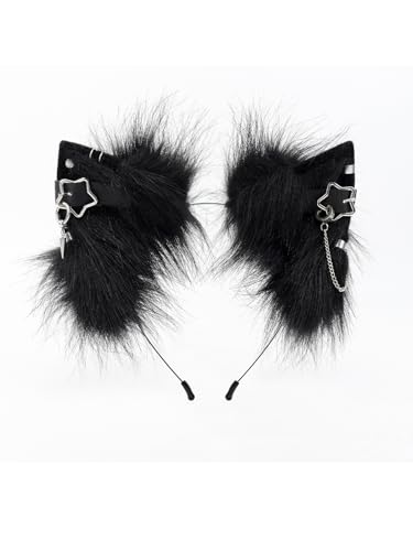 QinRuan Cat Ear HairBand Faux Fur Animal Ears Metal Chain Punk Dark Cosplay Custume Gothic Style Headwear