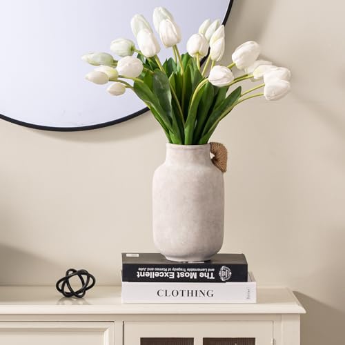 Ceramic Flower Vase Home Decor - 10.6 inch Tall Large White Rustic Table Flowers Vases with Handle Living Room Bedroom Plant Decoration Farmhouse Vintage for Kitchen Shelf Office Coffee Dining Desk — view 3