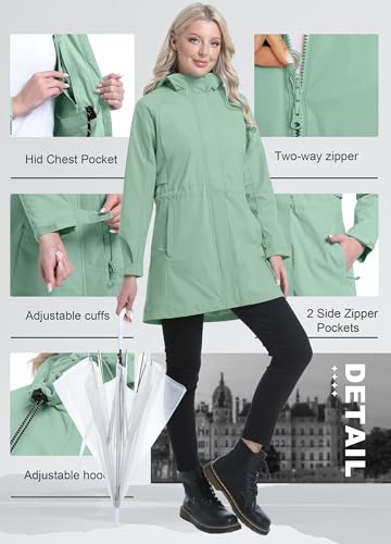 ATLASLAVA Regenmantel Damen Regenjacke wasserdicht Lang mit Kapuze Gefütterte Mantel Windbreaker Leicht Outdoor Jacke Graugrün M