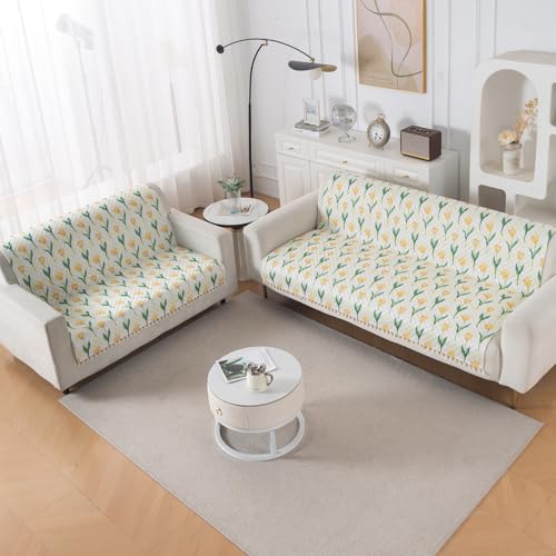 Image of HOKIPO Tulip Blossom Quilted Sofa Cover 5 Seater with Tassels - (3+2) for Seat & Back | 'Tassel Twigs' Series (IN-991-T4 + IN-990-T4)
