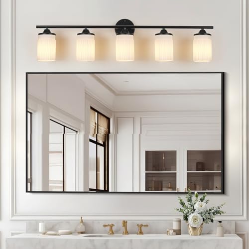 Jonsi Black Bathroom Light Fixtures 5-Light Vanity Lights Modern Wall Sconce with Milk White Shade Brushed Brass Bathroom Light Fixture Over Mirror for Bedroom Hallway Kitchen by Jonsi - Used condition - Image 8