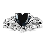 LELOUCHY 10K 14K 18K Gold Heart Black Onyx Engagement Ring Set for Women Leaf Art Deco Ring Set Heart Cut Vintage Vine Black Onyx Bridal Wedding Promise Ring Set Size4~15