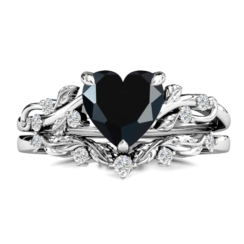 LELOUCHY 10K 14K 18K Gold Heart Black Onyx Engagement Ring Set for Women Leaf Art Deco Sterling Silver Rings Set Vintage Vine Black Onyx Bridal Wedding Promise Jewelry
