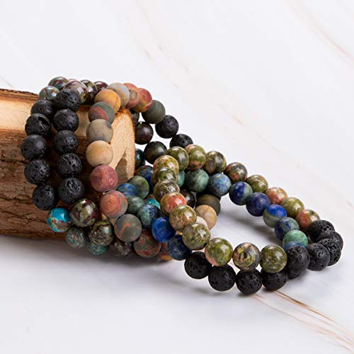 Bivei Lava Rock Stone Essential Oil Diffuser Bracelet - Natural Semi Precious Gemstone Beads Healing Crystal Bracelet (Set of 5 A) - Thumbnail 2