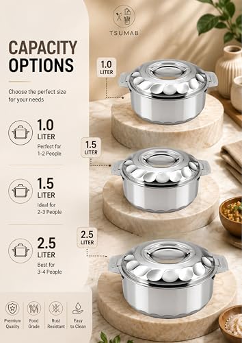 Image of Premium Stainless Steel Hot Pot Set of 3 with Lid Handle | Insulated Casserole Set for Roti, Rice, Curry & Biryani | 1L + 1.5L + 2.5L