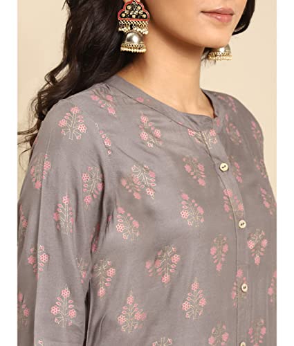 Image of rangita Grey Rayon Calf Length Printed A-line Kurti for Women | Kurta for Women