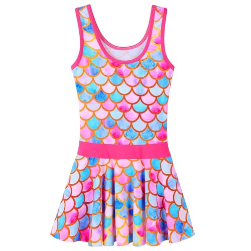 Image of Girls Swimsuit One Piece UPF 50+ Floral Skirted Bathing Suit Modest Beach Swim Dress 3-11 Years
