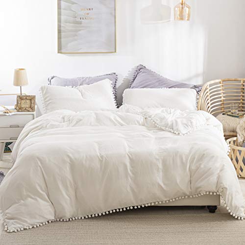 WONGS BEDDING Single Duvet Cover Set Fringed Pompom White Bedding Set including 1 Pillowcase Soft Cozy Microfiber Zipper Closure Tassels Duvet Cover for All Season(135x200cm) - Image 2