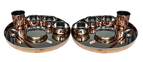 Pack Of 8 Set Stainless Steel Copper Traditional Dinnerware Set Of Thali Plate, Bowls, Glass And Spoon, Diameter 13-Inch #TOP1