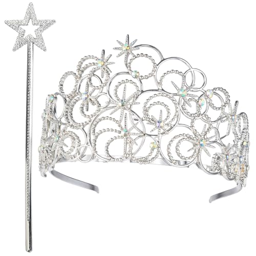 DNTHYRIN 2Pcs Princess Crown and Magic Wand Set Sparkling Princess Tiara with Star Tip Wand Elegant Dress up Crown and Accessory for Parties