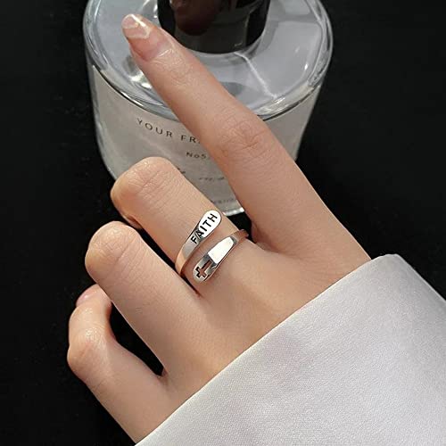 Faith Cross Sterling Silver Open Statement Rings Adjustable Minimalist Hope Love Eternity Wedding Band Promise Ring Wrap Finger Bands Fashion Jewelry Gifts for Women Men Xmas3